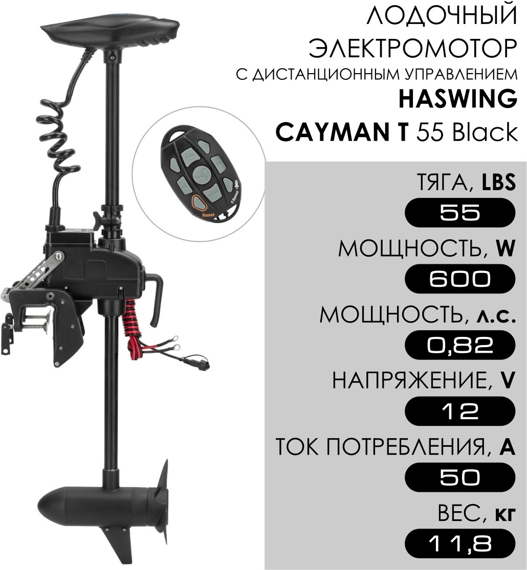 лодочный электромотор haswing cayman t 55 lbs 12v (с дистанционным управлением)