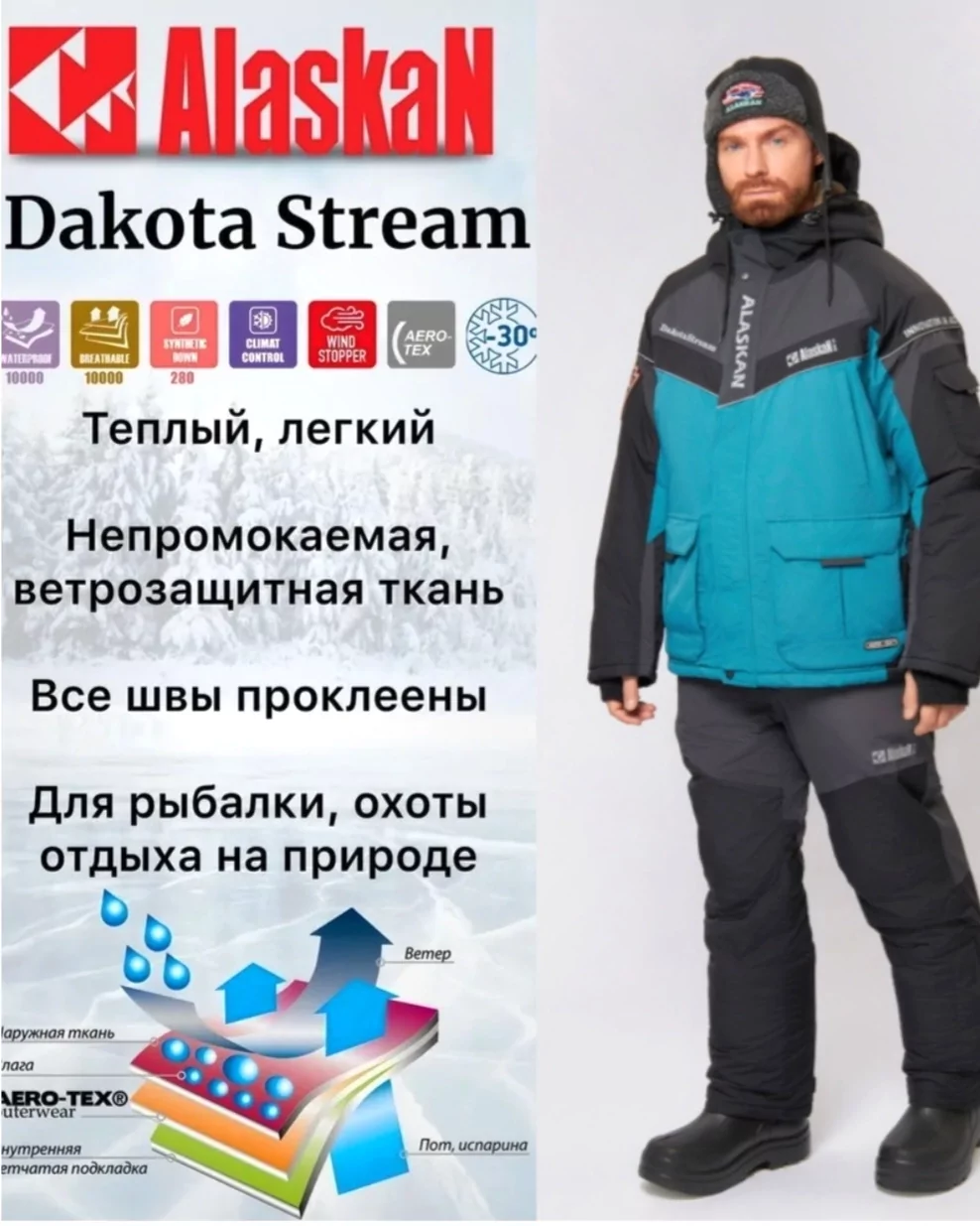 костюм зимний alaskan dakota stream xxxl мор.волн/cер/черн (куртка+ полукомбинезон)