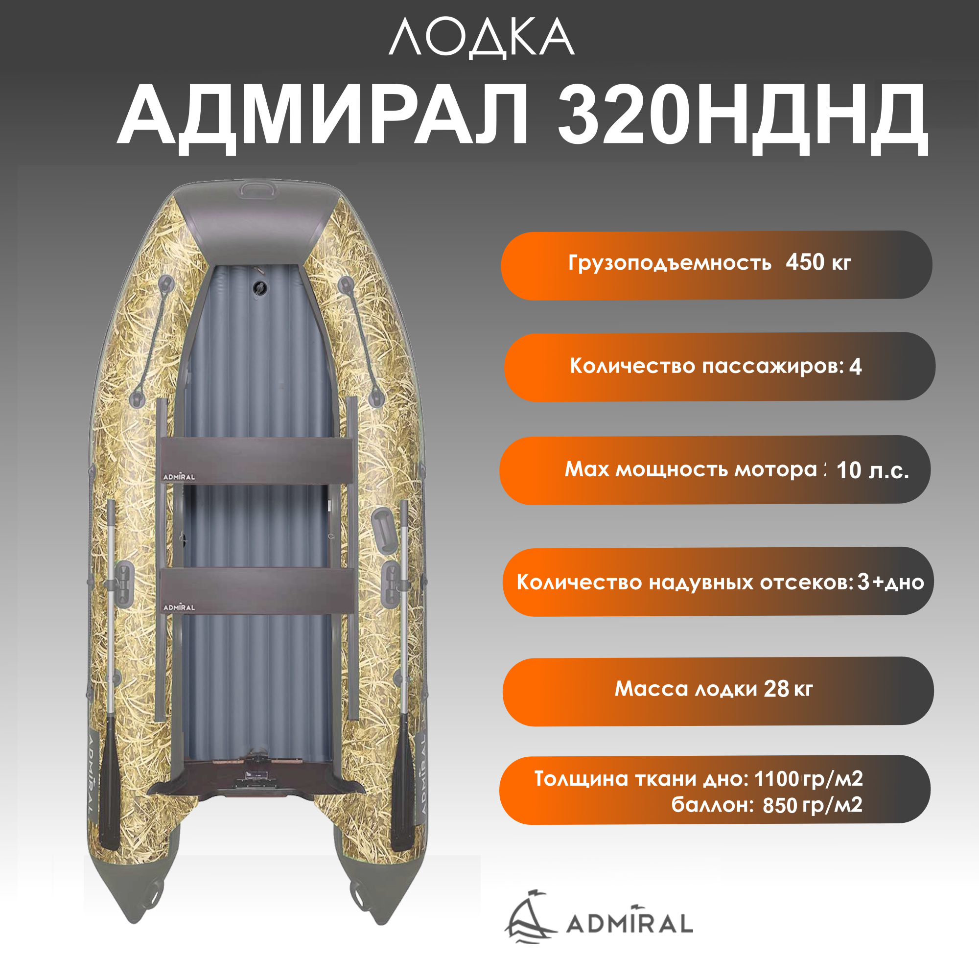 надувная лодка адмирал 320c нднд цвет камыш серый