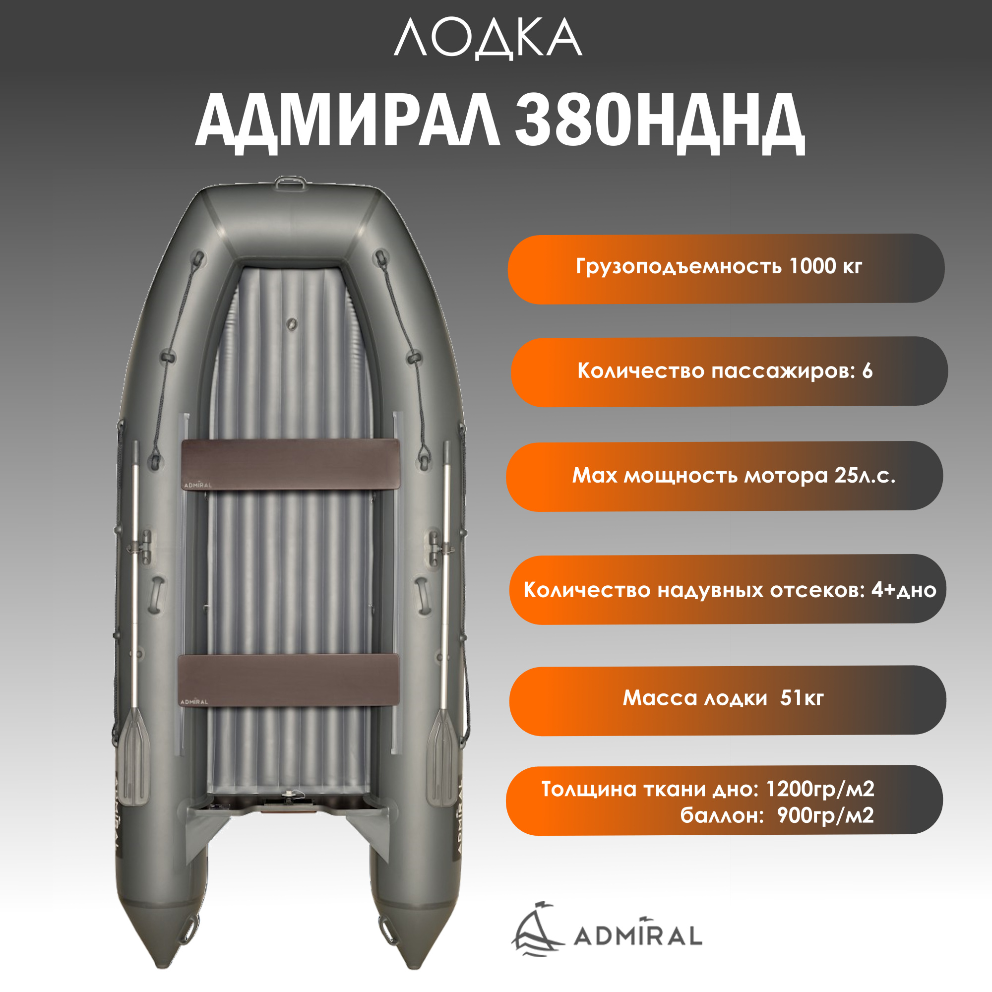 надувная лодка адмирал-380 нднд цвет серый