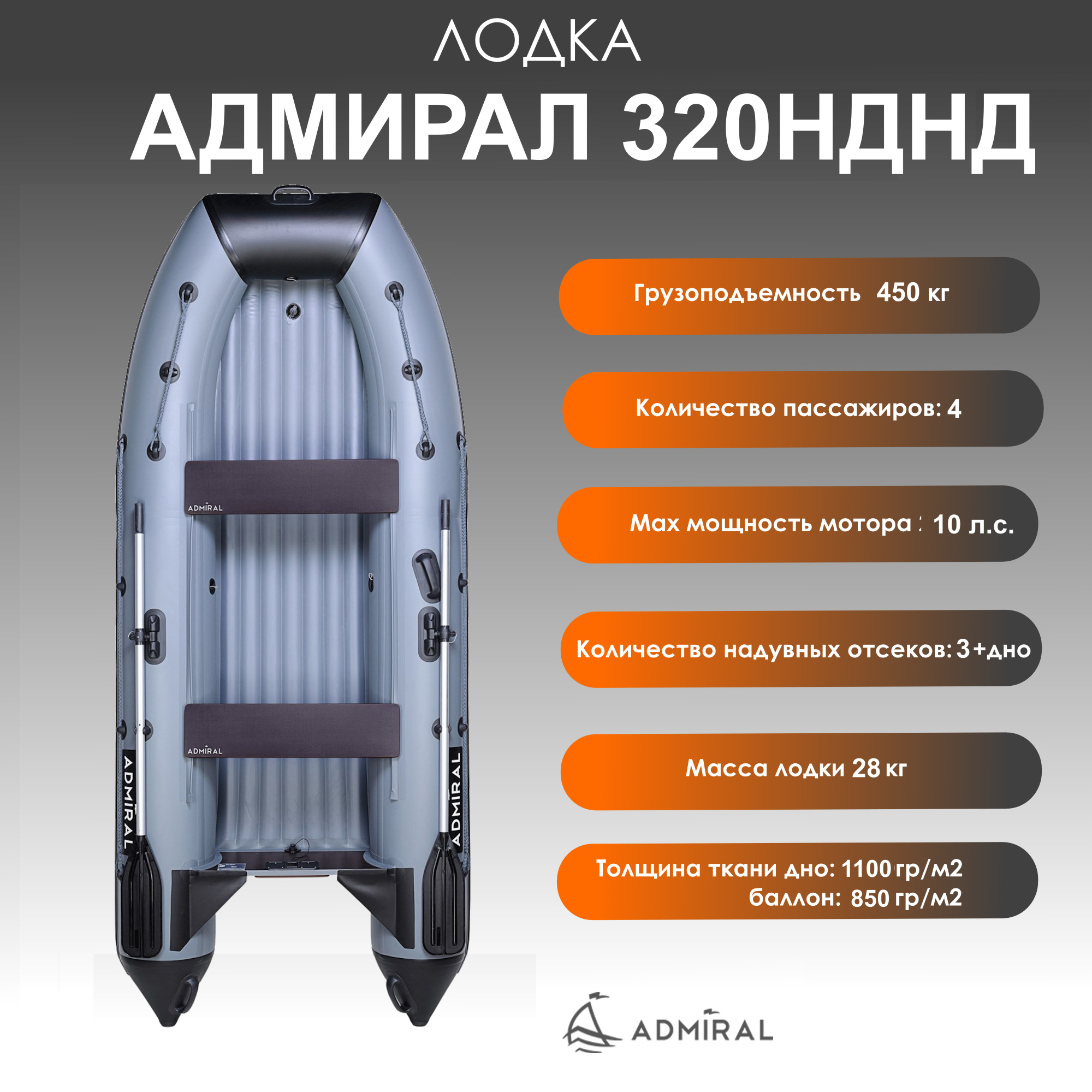 надувная лодка адмирал 320c нднд цвет графит серый